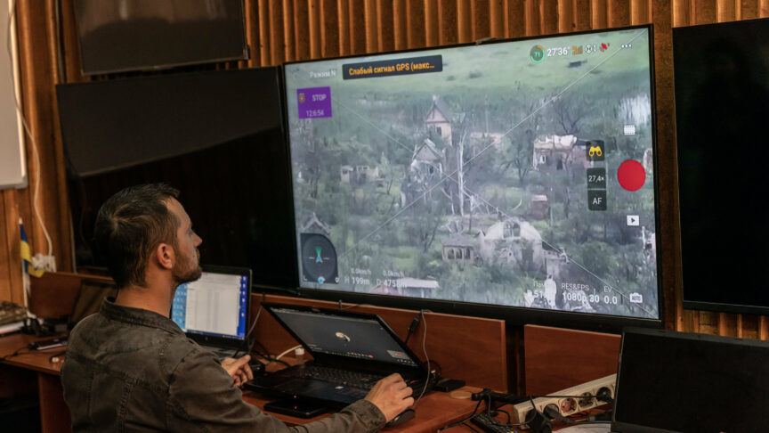 Member of Special Ukrainian army unit operating reconnaissance drones monitors on screen views of positions of Russian forces using Starlink technology in undisclosed locations in Donbas of Ukraine. This unit consists of two groups – pilots, who operate drones from locations close to the front line and operators, who communicate with artillery units on identified targets in order to destroy them. (Photo by Lev Radin/Pacific Press)