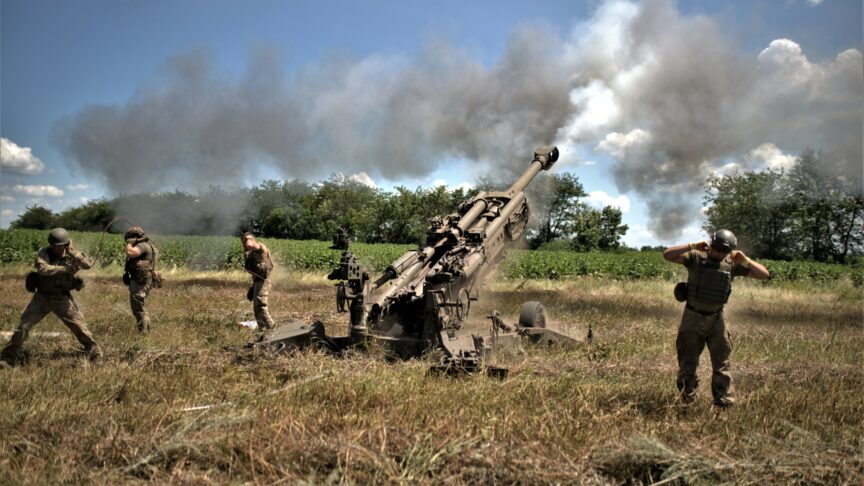 ZAPORIZHZHYA REGION, UKRAINE – JULY 16: An air cannon is fired as Ukrainian artillery division supports soldiers in a counteroffensive on the Zaporizhzhya frontline with M777 in Zaporizhzhya, Ukraine on July 16, 2023. Gian Marco Benedetto / Anadolu Agency