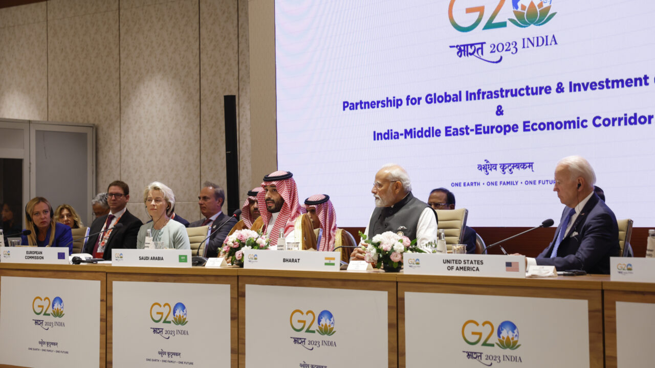From left, Italian Prime Minister Giorgia Meloni, President of the European Comission Ursula von der Leyen, Saudi Arabian Crown Prince Mohammed bin Salman Al Saud, Indian Prime Minister Narendra Modi and U.S. President Joe Biden attend the Partnership for Global Infrastructure and Investment event on the day of the G20 summit in New Delhi, India, Saturday, Sept. 9, 2023. (AP Photo/Evelyn Hockstein, Pool)