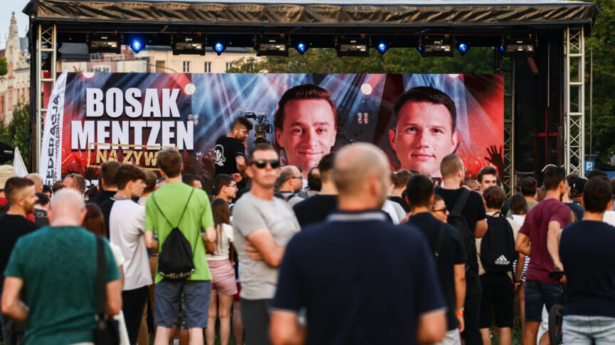Pictures of the leaders of the Confederation Liberty and Independence party (Konfederacja), Krzysztof Bosak and Slawomir Mentzen, are screened during a pre-election rally in Krakow, Poland on August 27, 2023. Polish far-right party has started a tour around the country presenting their political programme ahead of parliamentary elections scheduled for October 15. (Photo by Beata Zawrzel/NurPhoto)