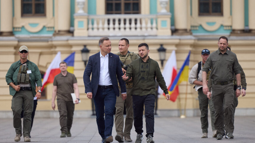Handout file photo dated August 23, 2022 shows Polish President Andrzej Duda and Ukrainian counterpart Zelenskyy meet on National Flag Day in Kyiv, capital of Ukraine. Poland said Wednesday it will stop providing weapons to Ukraine amid a growing dispute between the two countries over a temporary ban on Ukrainian grain imports. Poland has long been one of Ukraineâ€™s staunchest backers since Moscowâ€™s invasion of its neighbor, alongside multiple former Eastern bloc nations who fear they could be next if Russian President Vladimir Putinâ€™s expansionist war is successful. Photo by Ukrainian Presidency via ABACAPRESS.COM