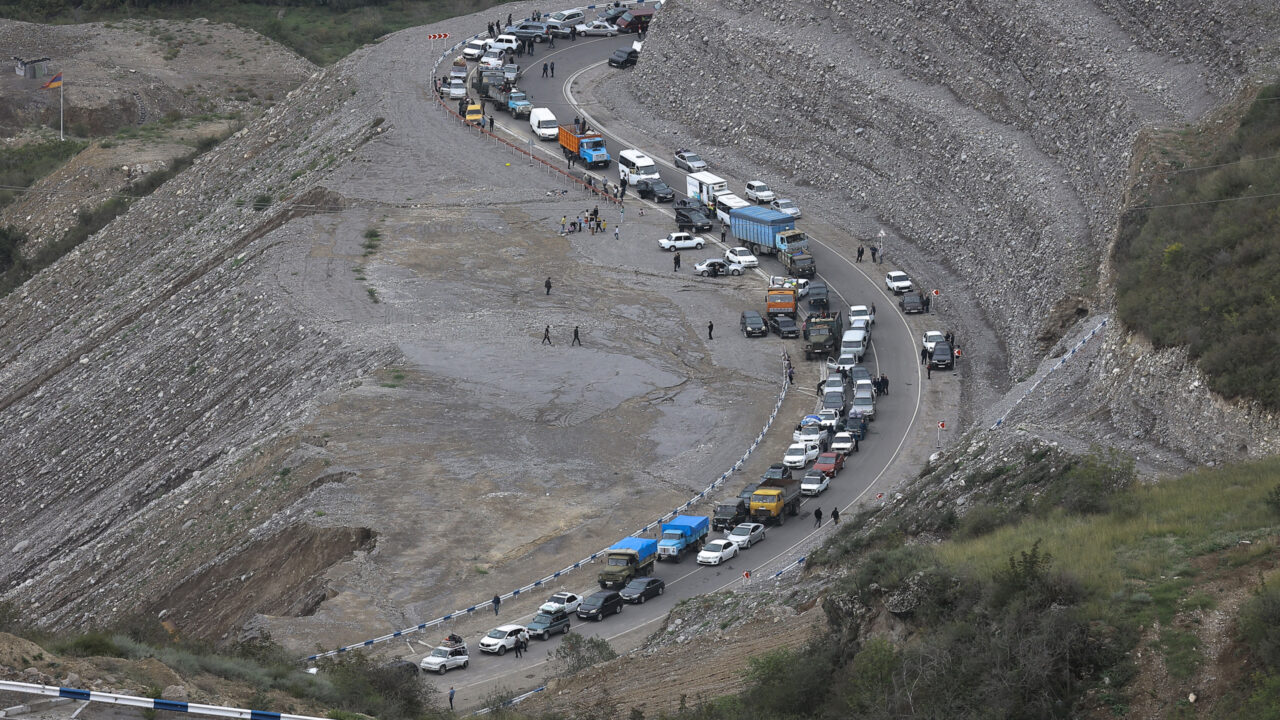 FILE – A convoy of cars of ethnic Armenians from Nagorno-Karabakh move to Kornidzor in Syunik region, Armenia, Sept. 26, 2023. Thousands of Nagorno-Karabakh residents are fleeing their homes after Azerbaijan’s swift military operation to reclaim control of the breakaway region after a three-decade separatist conflict. (AP Photo/Vasily Krestyaninov, File)
