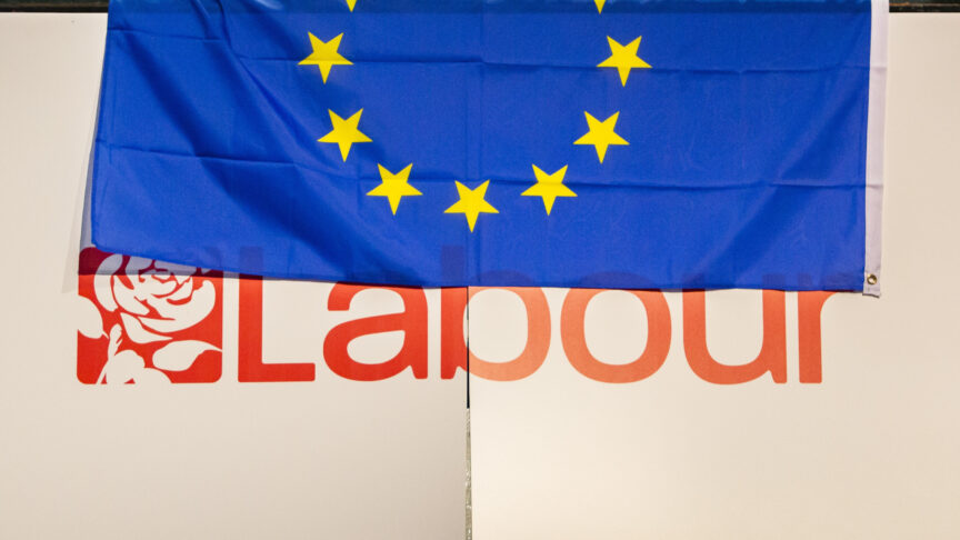 September 23, 2019, Brighton, East Sussex, United Kingdom: Brighton, UK. An EU flag is draped in seen in the main hall as Shadow Secretary of Stater for Exiting the European Union, Sir Keir Starmer soeaks on stage at the 2019 Labour Party Conference in Brighton and Hove. (Credit Image: © Hugo Michiels/London News Pictures via ZUMA Wire