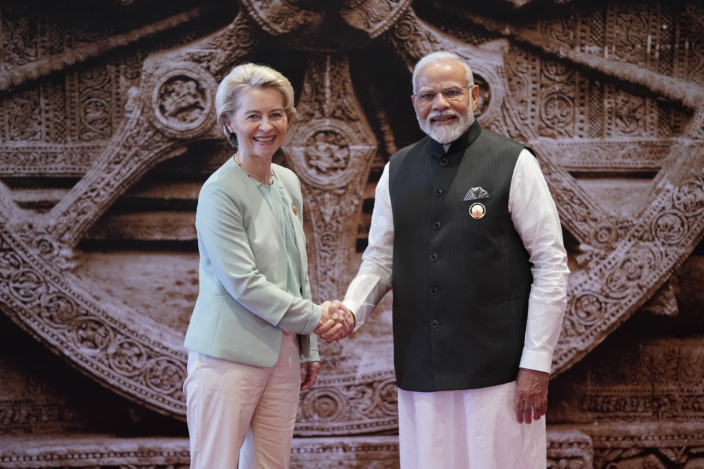 Indian Prime Minister Narendra Modi welcomes President of the European Union Ursula von der Leyen.