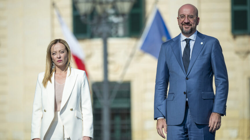 Italy’s Prime Minister Giorgia Meloni and President of the European Council Charles Michel pose during family photo at Castille Square in Valletta, Malta, Friday, Sept. 29, 2023. The leaders of nine southern European Union countries met in Malta on Friday, Sept. 29, 2023, to discuss common challenges such as migration, the EU’s management of which has vexed national governments in Europe for years. (AP Photo/Rene Rossignaud)