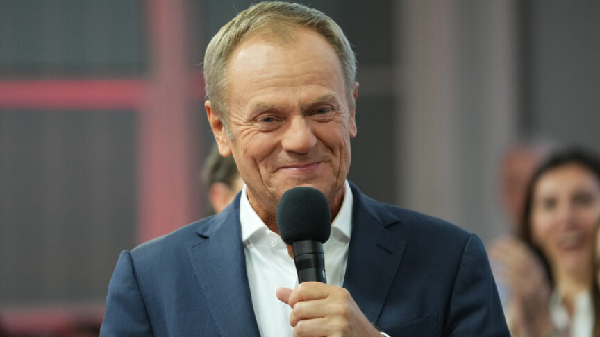 Donald Tusk, a former Polish prime minister addresses supporters at his party headquarters in Warsaw, Poland, Sunday, Oct. 15, 2023. Poland’s election result is on a knife edge as an exit poll says that the governing Law and Justice party won the most votes. (AP Photo/Petr David Josek)