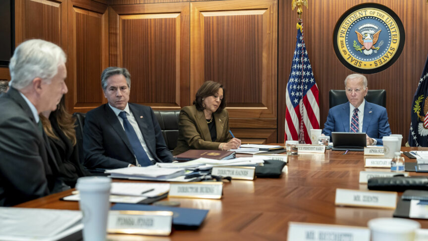 October 23, 2023, Washington, DC, United States: U.S President Joe Biden is briefed by his national security team on the latest developments in Israel and Gaza in the Situation Room of the White House, October 23, 2023 in Washington, D.C. Left to right: CIA Director Bill Burns, Director of National Intelligence Avril Haines, Vice President Kamala Harris and President Joe Biden. (Credit Image: Â© Adam Schultz/White House/Planet Pix via ZUMA Press Wire
