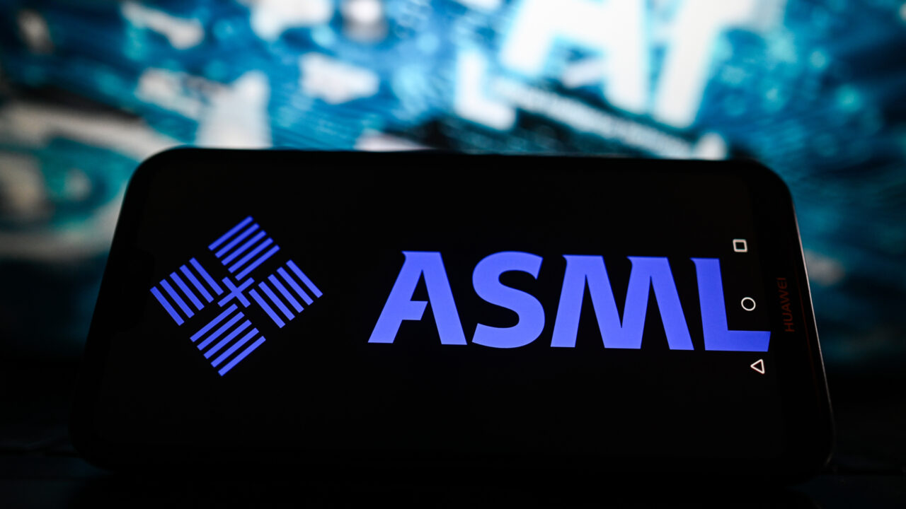 In this photo illustration, an ASML logo is displayed on a smartphone with Artificial Intelligence graphics in the background
