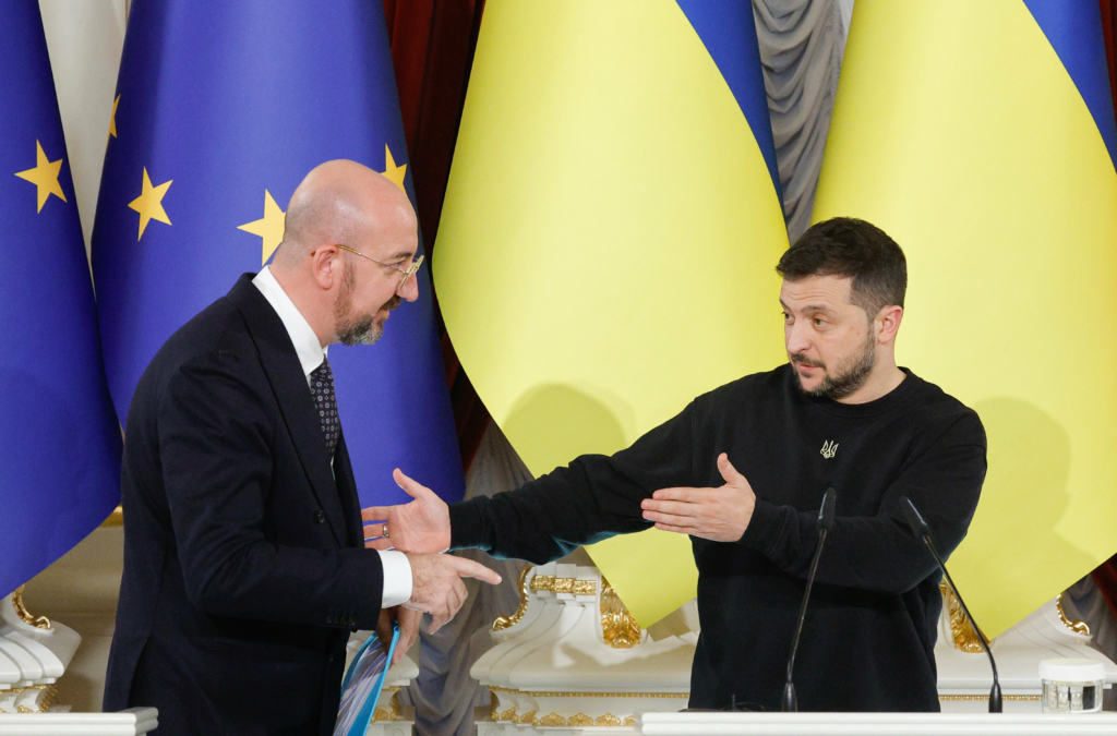 European Council President Charles Michel (L) and Ukraine's President Volodymyr Zelensky (R) react during a joint press conference following their meeting in Kyiv, Ukraine, 21 November 2023.