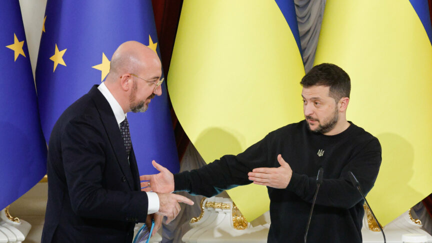 European Council President Charles Michel (L) and Ukraine’s President Volodymyr Zelensky (R) react during a joint press conference following their meeting in Kyiv, Ukraine, 21 November 2023