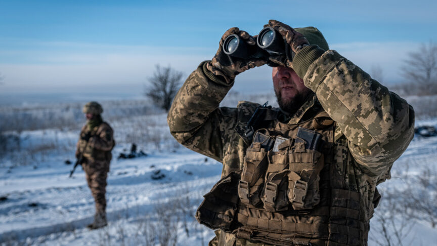 DONETSK OBLAST, UKRAINE – JANUARY 13: Ukrainian soldiers look at the sky in search for a nearby Russian drone at the Bakhmut frontline, in Donetsk Oblast, Ukraine on January 13, 2024. Drone and air strikes have become increasingly important as the war entered into a stalemate and both sides are heavily fortified.