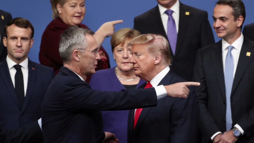 FILE – In this Dec. 4, 2019, file photo, NATO Secretary-General Jens Stoltenberg, front left, speaks with U.S. President Donald Trump, front right, after a group photo at a NATO leaders meeting at The Grove hotel and resort in Watford, Hertfordshire, England. For most of America’s allies, Biden is a relief. Trump often sowed chaos, accusing the NATO military alliance of leeching off the United States, insulting the European Union and storming out of a G-7 summit in Canada in 2018. (AP Photo/Francisco Seco, File)