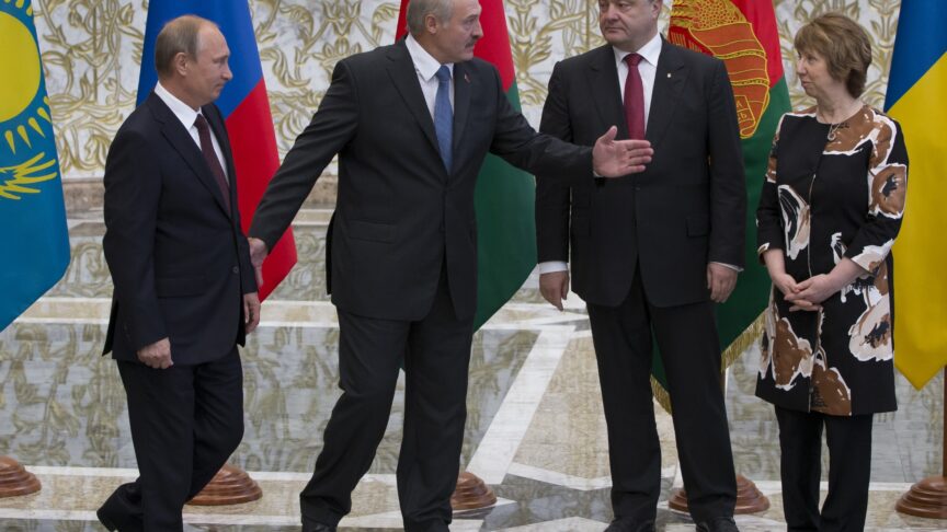 FILE – In this Tuesday, Aug. 26, 2014 file photo, Belarusian President Alexander Lukashenko, second left, welcomes Russian President Vladimir Putin, left, Ukrainian President Petro Poroshenko, second right, and EU foreign policy chief Catherine Ashton, during a meeting in Minsk, Belarus. Within the EUâ€™s ranks, Baroness Catherine Ashton now is the most recognizable woman among the EU officials, the foreign policy chief who flies across the world, hobnobs with the great and powerful to deal with anything from the Iran nuclear issue to the fighting in Ukraine and the Middle East. (AP Photo/Alexander Zemlianichenko, File)