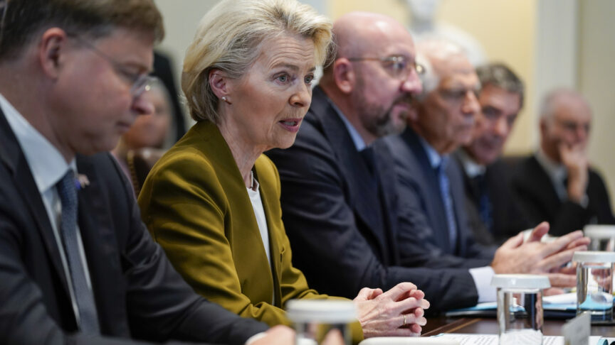 European Commission President Ursula von der Leyen speaks during a meeting with European Council President Charles Michel, third from left, and President Joe Biden, not pictured, in the Cabinet Room of the White House, Friday, Oct. 20, 2023, in Washington. (AP Photo/Evan Vucci)