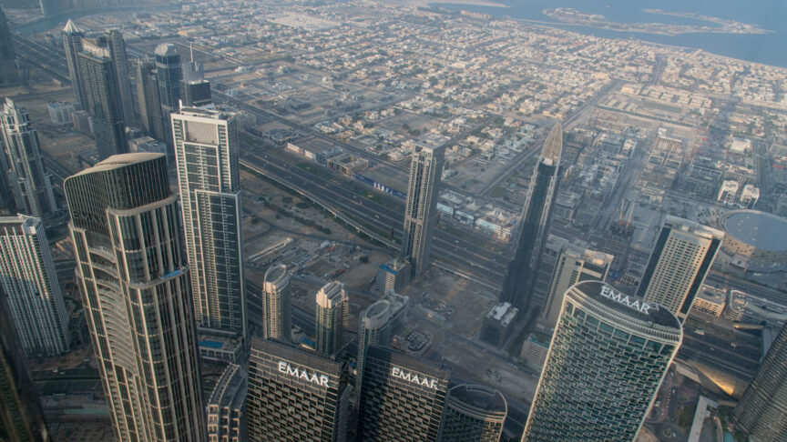 An aerial view is showing skyscrapers and Dubai city from the top of Burj Khalifa, the world’s tallest building, in Dubai, United Arab Emirates, on December 23, 2023. (Photo by Kabir Jhangiani/NurPhoto)