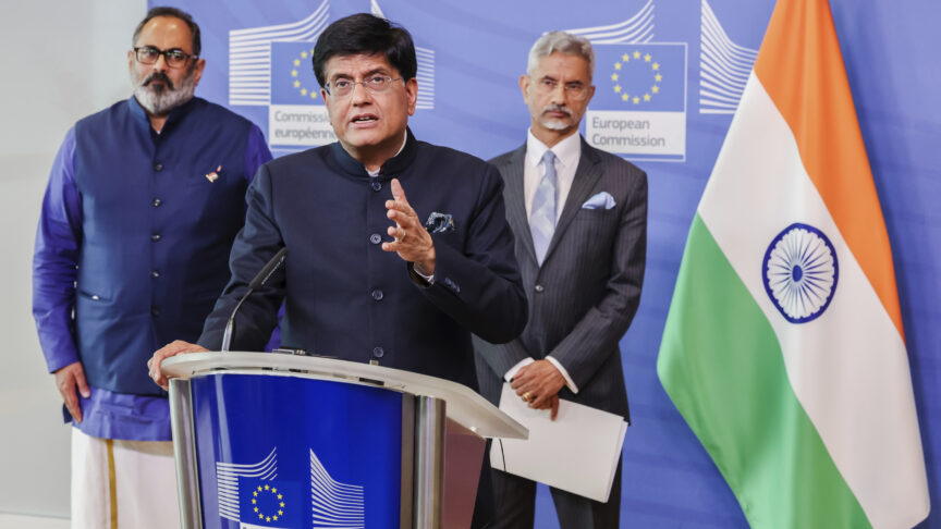 India’s Commerce and Industry Minister Piyush Goyal, center, India’s Minister for External Affairs S. Jaishankar, right, and India’s Minister for State and Skill Development Rajeev Chandrasekhar, left, address the media during a press conference on the EU-India Trade and Technology Council at EU headquarters in Brussels, Belgium, Tuesday, May 16, 2023. (AP Photo/Geert Vanden Wijngaert)