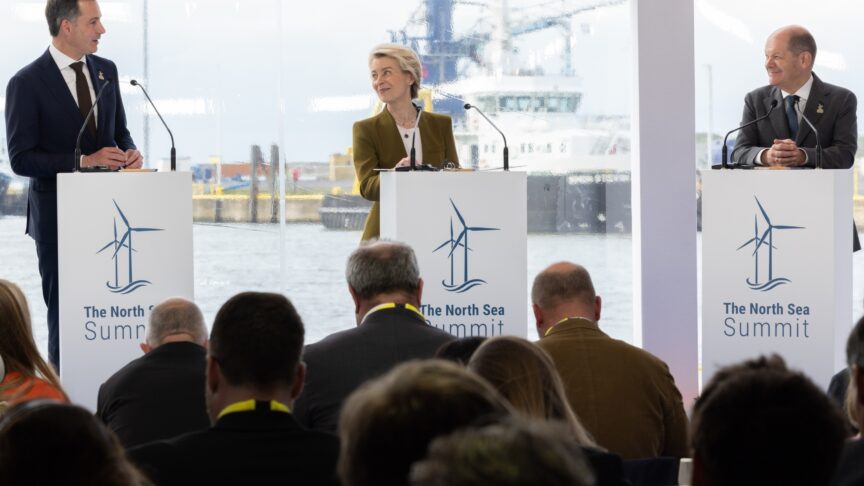 Prime Minister Alexander De Croo, European Commission president Ursula Von der Leyen and Chancellor of Germany Olaf Scholz pictured during the second North Sea Summit, with Denmark, Germany, France, Ireland, Luxembourg, the Netherlands, Norway, the United Kingdom, and Belgium, in Oostende, Monday 24 April 2023. The ambition is to harness the full energy and industrial potential of the North Sea to accelerate offshore wind energy efforts and make the North Sea the largest green power plant in Europe. BELGA PHOTO BENOIT DOPPAGNE