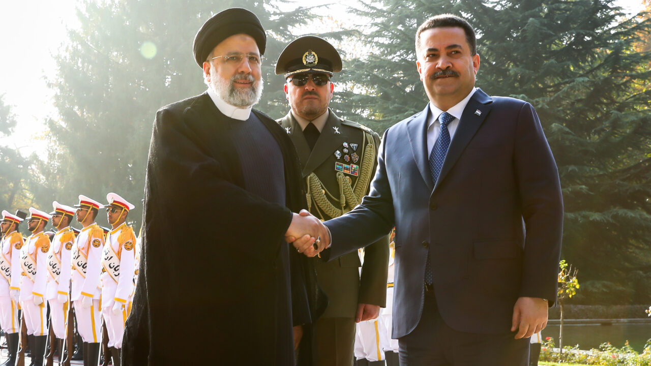 November 6, 2023, Tehran, Iran: Iranian President EBRAHIM RAISI (L) shakes hands with Iraqi Prime Minister MOHAMMED SHIA AL SUDANI (R) during an official welcoming ceremony at the Saadabad Palace in Tehran. The unannounced visit by Al Sudani came after US Secretary of State Antony Blinken visited Iraq on 05 November. Al Sudani is in Tehran to meet Iranian officials and discuss the Israeli-Gaza conflict