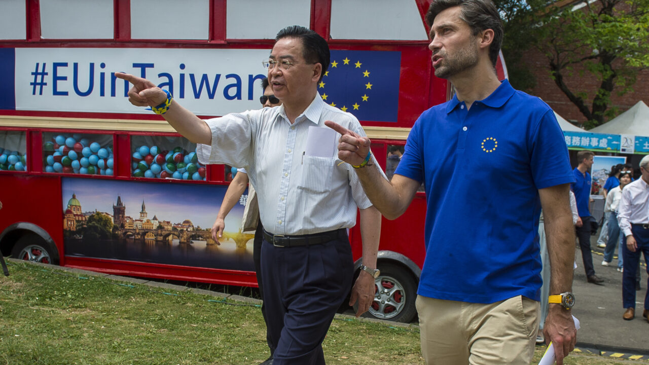 Joseph Wu, Taiwan Foreign Minister (L) and Head of EU office Filip Grzegorzewski (R) during Europe Festival, the celebration of 20th anniversary of establish relationship between European Union and Republic of China in Taipei, Taiwan on 06/05/2023 by Wiktor Dabkowski