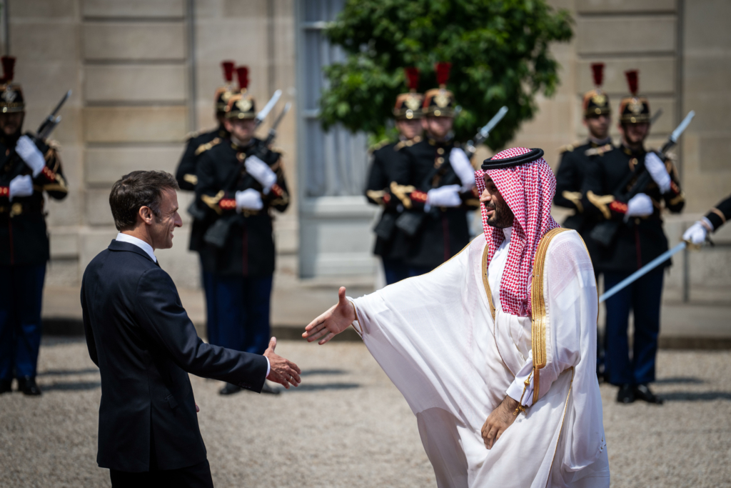Meeting, working dinner, between the President of the French Republic and the Crown Prince, Prime Minister of the Kingdom of Saudi Arabia, as part of his official visit to France, at the Elysee Palace. Emmanuel Macron (L), President of France