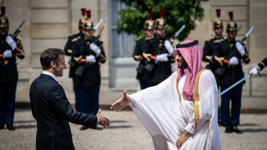 Meeting, working dinner, between the President of the French Republic and the Crown Prince, Prime Minister of the Kingdom of Saudi Arabia, as part of his official visit to France, at the Elysee Palace. Emmanuel Macron (L), President of France