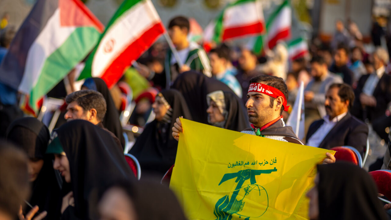11/03/2023 Tehran, Iran. In a pro-government rally in the Islamic Republic of Iran, people gathered at Imam Hossein Square in Tehran on November 3, 2023, to watch Hezbollah Secretary General Hassan Nasrallah’s speech regarding the Israel-Hamas conflict