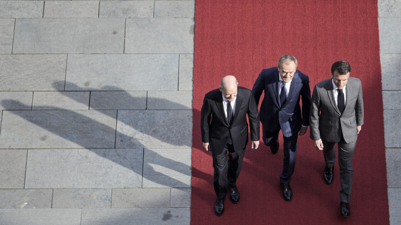 German Chancellor Olaf Scholz, Poland’s Prime Minister Donald Tusk and French President Emmanuel Macron, from left, walk on a red carpet during military honors in Berlin, Germany, Friday, March 15, 2024. German Chancellor Olaf Scholz, France’s President Emmanuel Macron and Poland’s Prime Minister Donald Tusk meet in Berlin for the so-called Weimar Triangle talks. (AP Photo/Markus Schreiber)