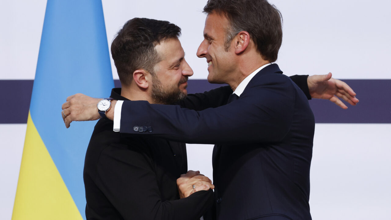 French President Emmanuel Macron, right, hugs Ukrainian President Volodymyr Zelenskyy during a joint press conference, Friday, June 7, 2024 at the Elysee Palace in Paris