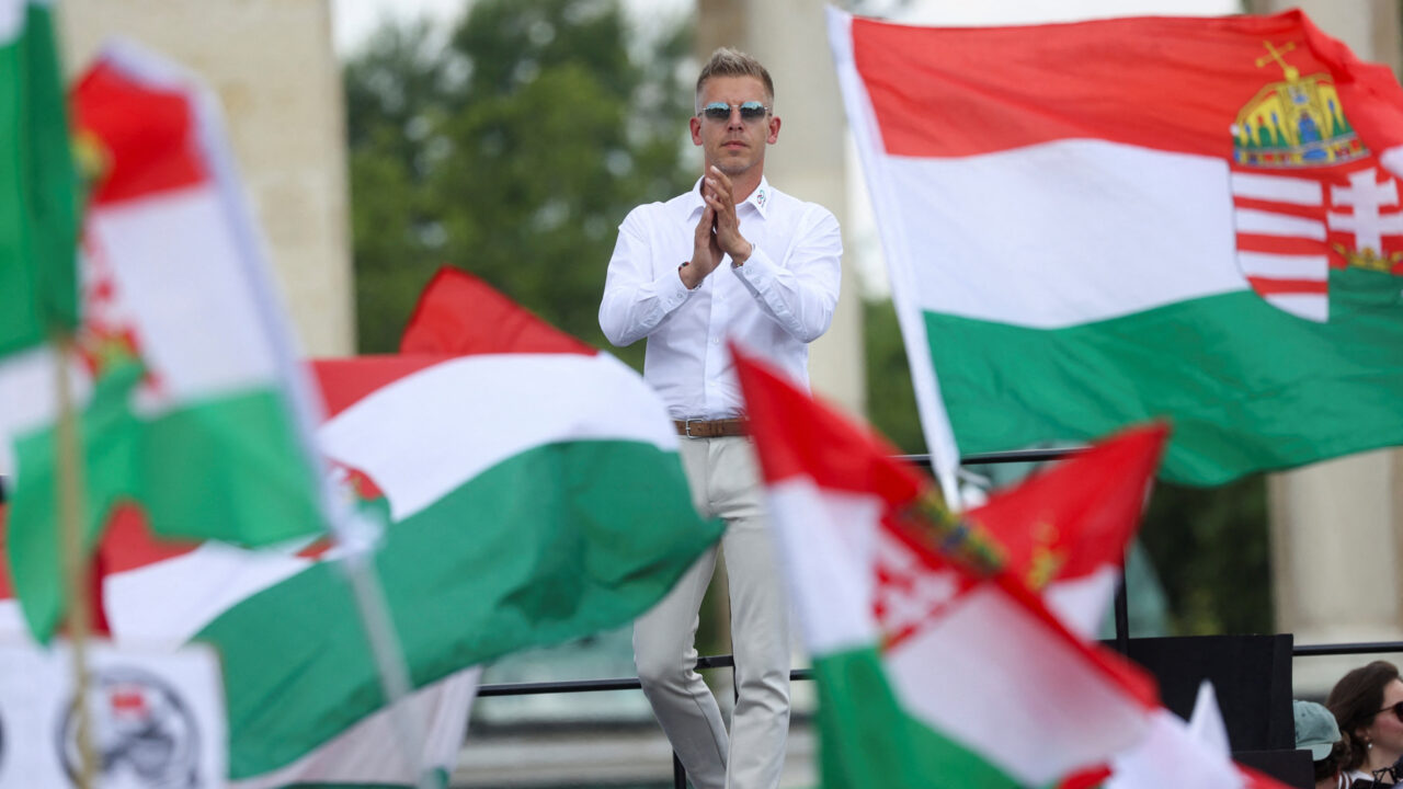 Peter Magyar, former government insider and leader of the Respect and Freedom (TISZA) Party holds a rally ahead of the European Parliament elections, in Budapest, Hungary June 8, 2024. REUTERS/Bernadett Szabo