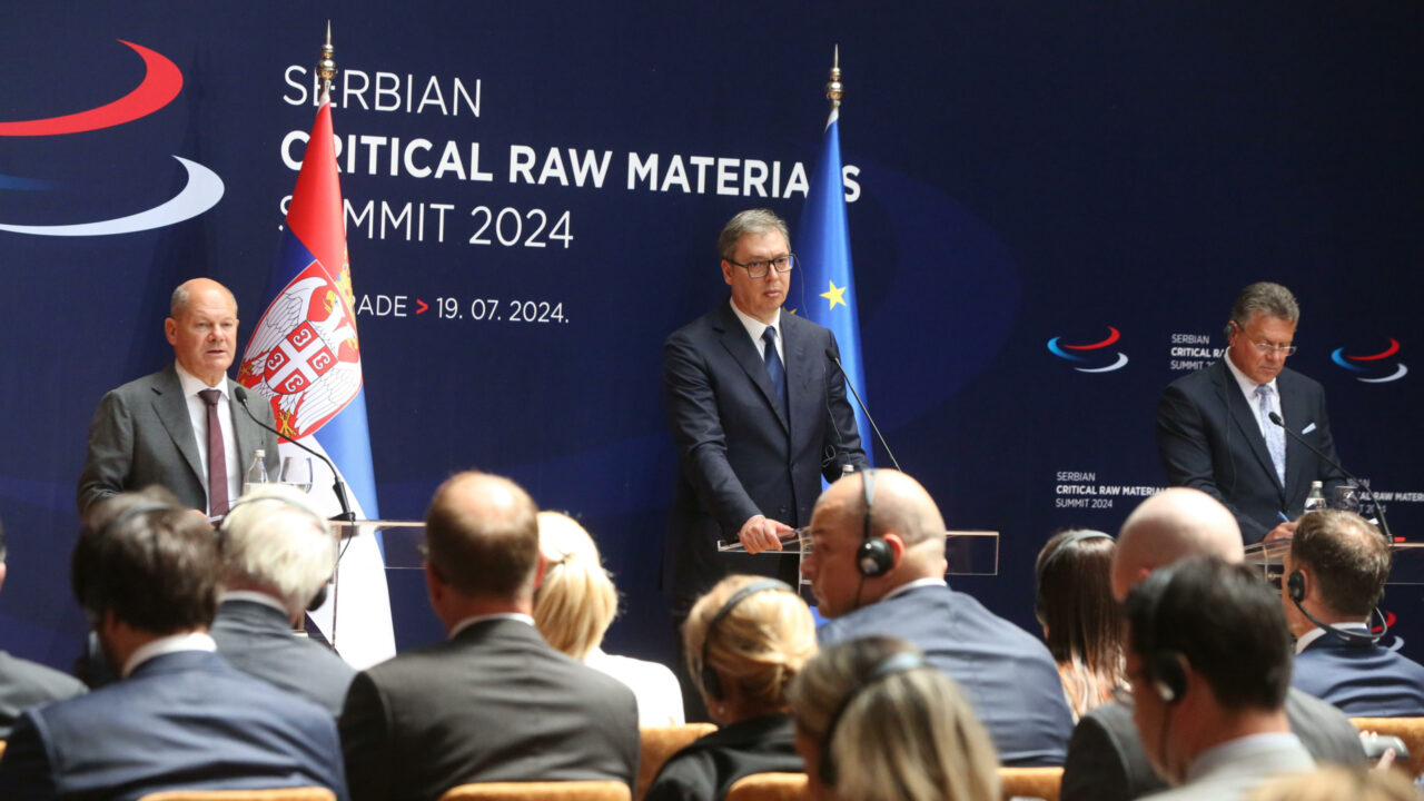 BELGRADE, SERBIA – JULY 19: Serbian President Aleksandar Vucic and German Chancellor Olaf Scholz hold a joint press conference following the signing of a strategic memorandum of understanding on raw materials, electric vehicles, and the production of electric vehicle batteries in Belgrade, Serbia on July 19, 2024. Filip Stevanovic / Anadolu