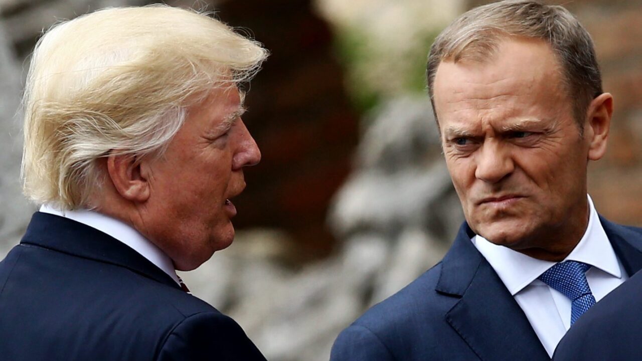 The President of the European Council Donald Tusk with the President of the United States of America Donald Trump during the welcome ceremony and the photo family at Taormina, Italy on May 26, 2017. Photo Matteo Ciambelli / NurPhoto (Photo by Matteo Ciambelli/NurPhoto)