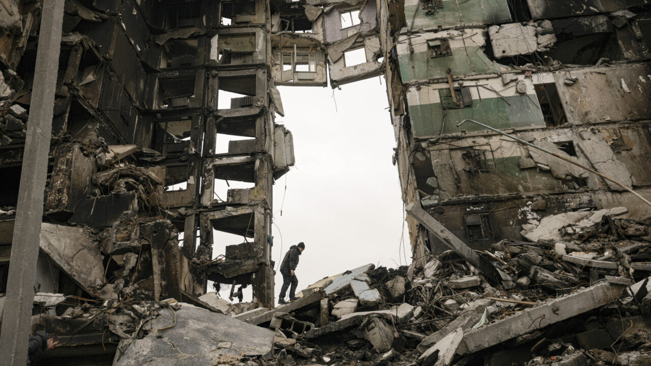 FILE – A resident looks for belongings in the ruins of an apartment building destroyed during fighting between Ukrainian and Russian forces in Borodyanka, Ukraine, Tuesday, April 5, 2022. (AP Photo/Vadim Ghirda, File)