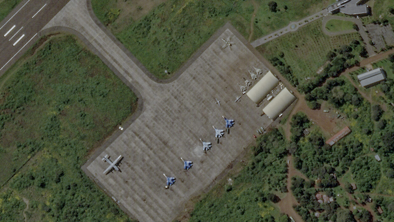 Satellite image likely showing Turkish Bakraktar TB2 drones, taken at the airport in Bahir Dar, the capital city of Ethiopia’s Amhara region on Friday, Oct. 21, 2022 (Planet Labs PBC via AP)