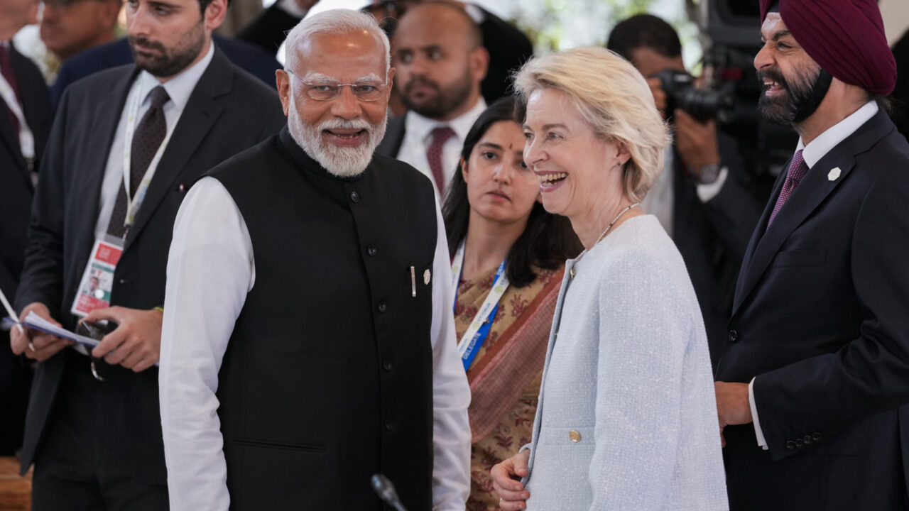 European Commission President Ursula von der Leyen, right, talks to Indian Prime Minister Narendra Modi during a working session on AI, Energy, Africa and Mideast at the G7 summit, in Borgo Egnazia, near Bari in southern Italy, Friday, June 14, 2024. (AP Photo/Andrew Medichini)