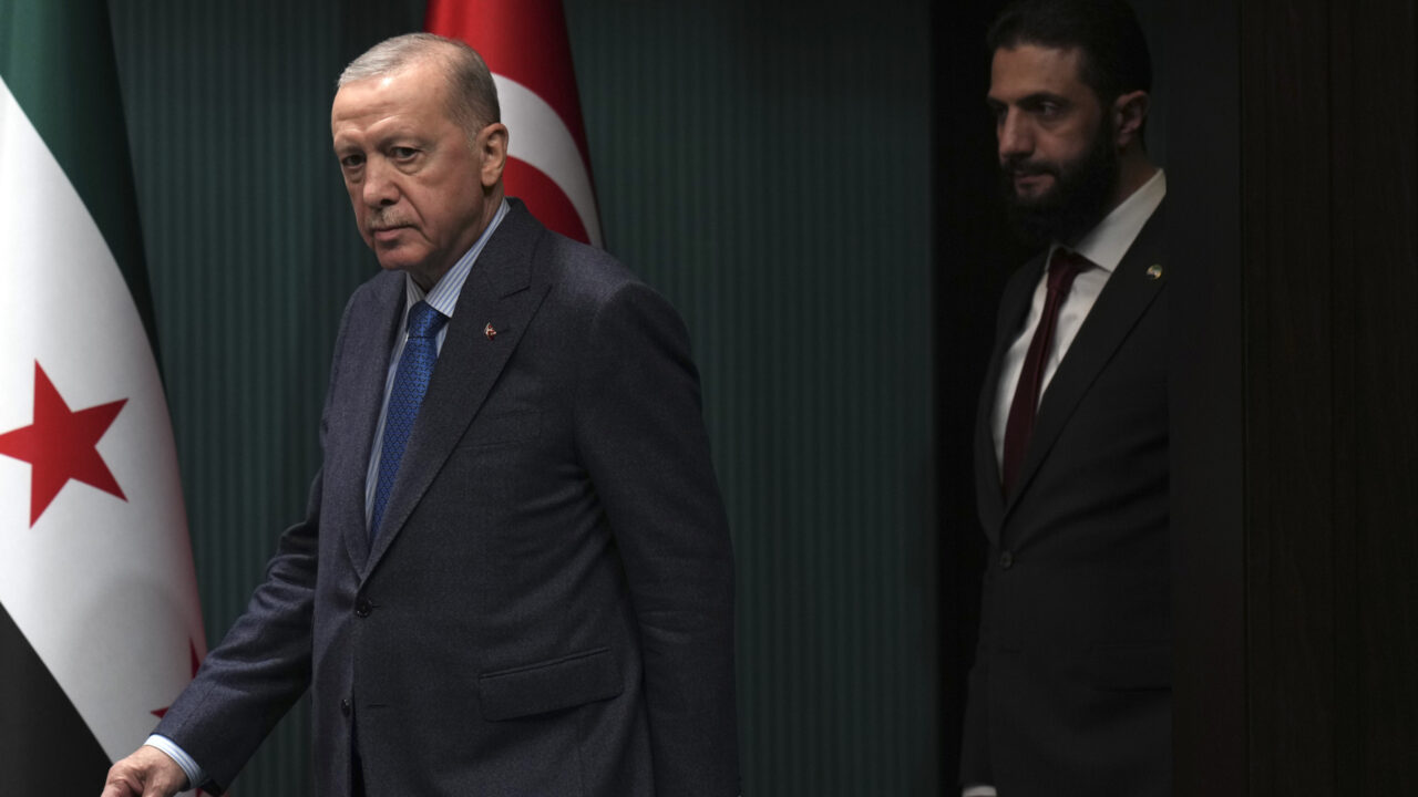 Turkish President Recep Tayyip Erdogan, left, and Syria’s interim President Ahmad al-Sharaa, arrive to a joint press conference following their meeting at the presidential palace in Ankara, Turkey, Tuesday, Feb. 4, 2025. (AP Photo/Francisco Seco)