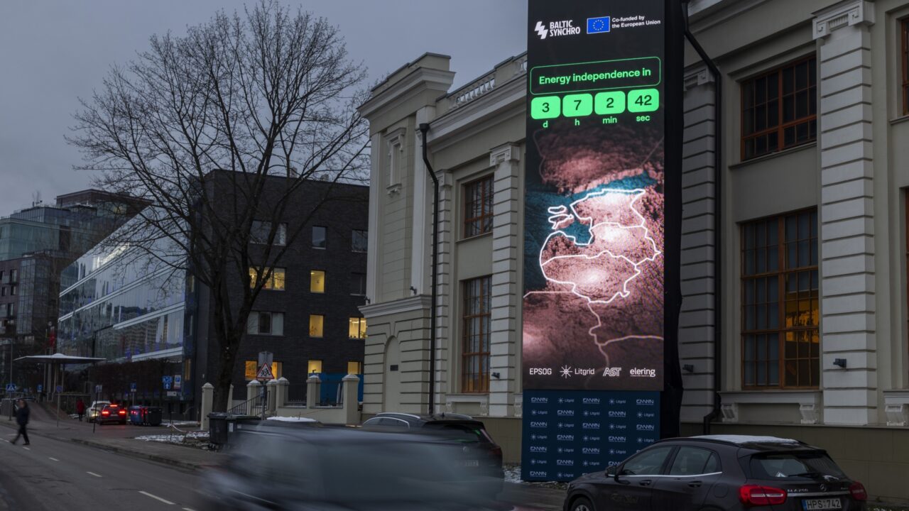 A screen near the Energy Museum and Mindaugas Bridge indicates that on February 8 the Baltic States will disconnect from the Russian electricity grid to synchronise with Continental Europe, in Vilnius, Lithuania, Tuesday, Feb. 4, 2025. (AP Photo/Mindaugas Kulbis)