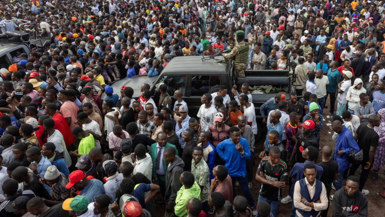 Civilians attend a meeting organised by M23 at the Stade de L’Unite, a few days after the town of Goma was taken by M23 rebels, in Goma, Democratic Republic of Congo, February 6, 2025. REUTERS/Arlette Bashizi