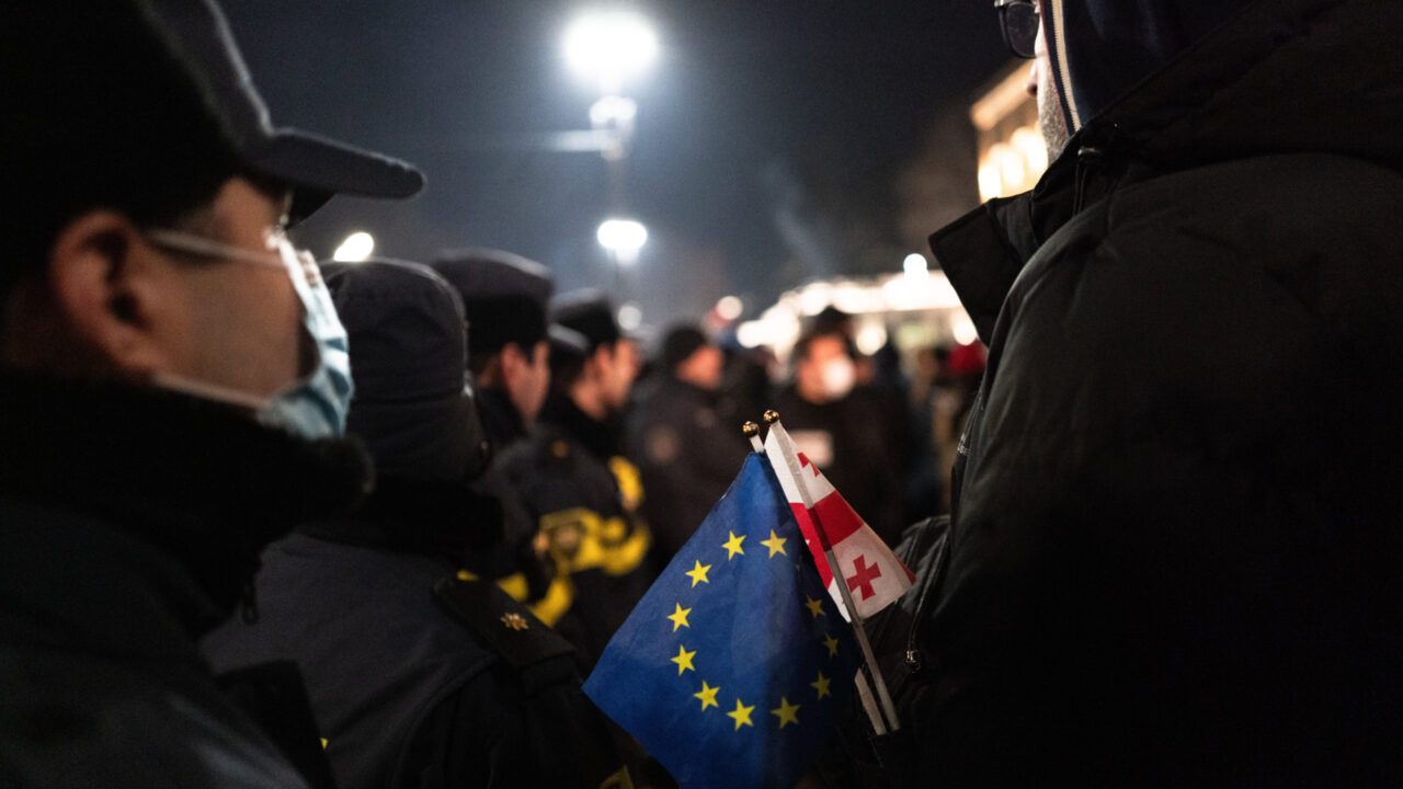 For the 75th consecutive day, demonstrators gather in front of the parliament and block Rustaveli Avenue, despite a stronger police presence trying to prevent the demonstration. They demand the release of political prisoners and new elections, as the Georgian government postpones European Union accession talks until 2028, in Tbilisi, Georgia, on February 10, 2025. (Photo by Jerome Gilles/NurPhoto)