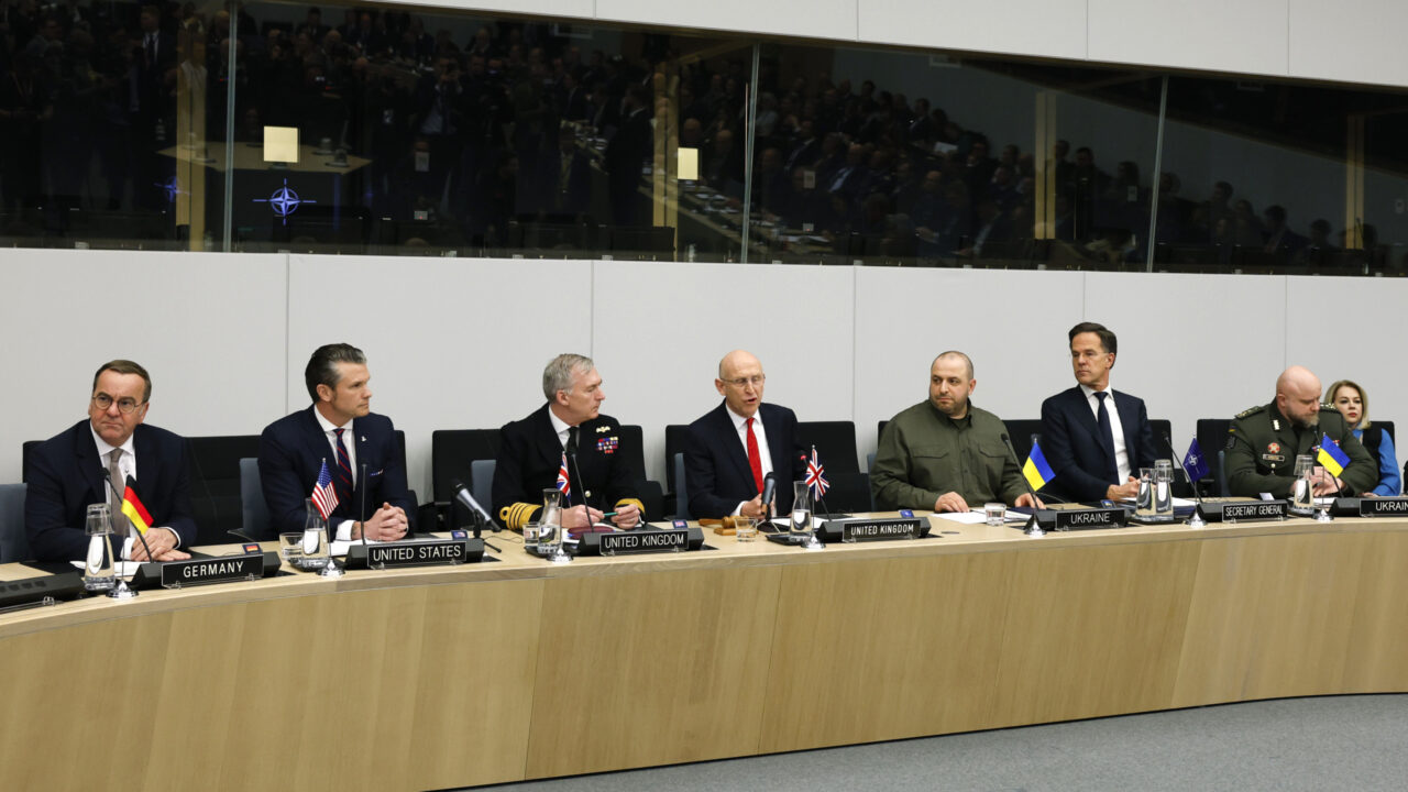 Germany’s Defense Minister Boris Pistorius, left, United States Secretary of Defense Pete Hegseth, second left, Britain’s Defense Secretary John Healey, center, Ukraine’s Defense Minister Rustem Umerov, fourth right, and NATO Secretary General Mark Rutte, third right, attend a meeting of the Ukraine Defense Contact group at NATO headquarters in Brussels, Wednesday, Feb. 12, 2025. (AP Photo/Omar Havana)