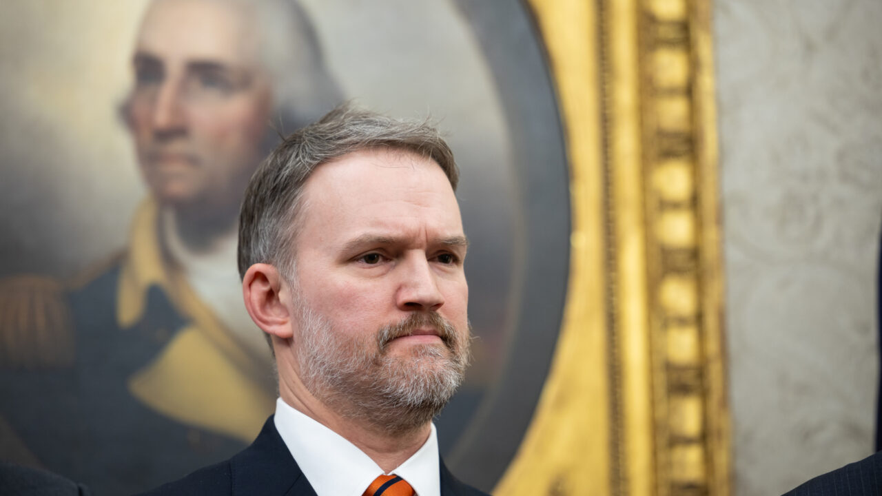 Jamieson Greer, nominee to be U.S. trade representative, looks on before President Donald Trump signs executive orders in the Oval Office at the White House in Washington, on Thursday, February 13, 2025. Trump signed the reciprocal tariffs executive order and remarked, “Tariffs are good, tariffs are great actually.” Photo by Francis Chung/UPI Photo via Newscom picture alliance