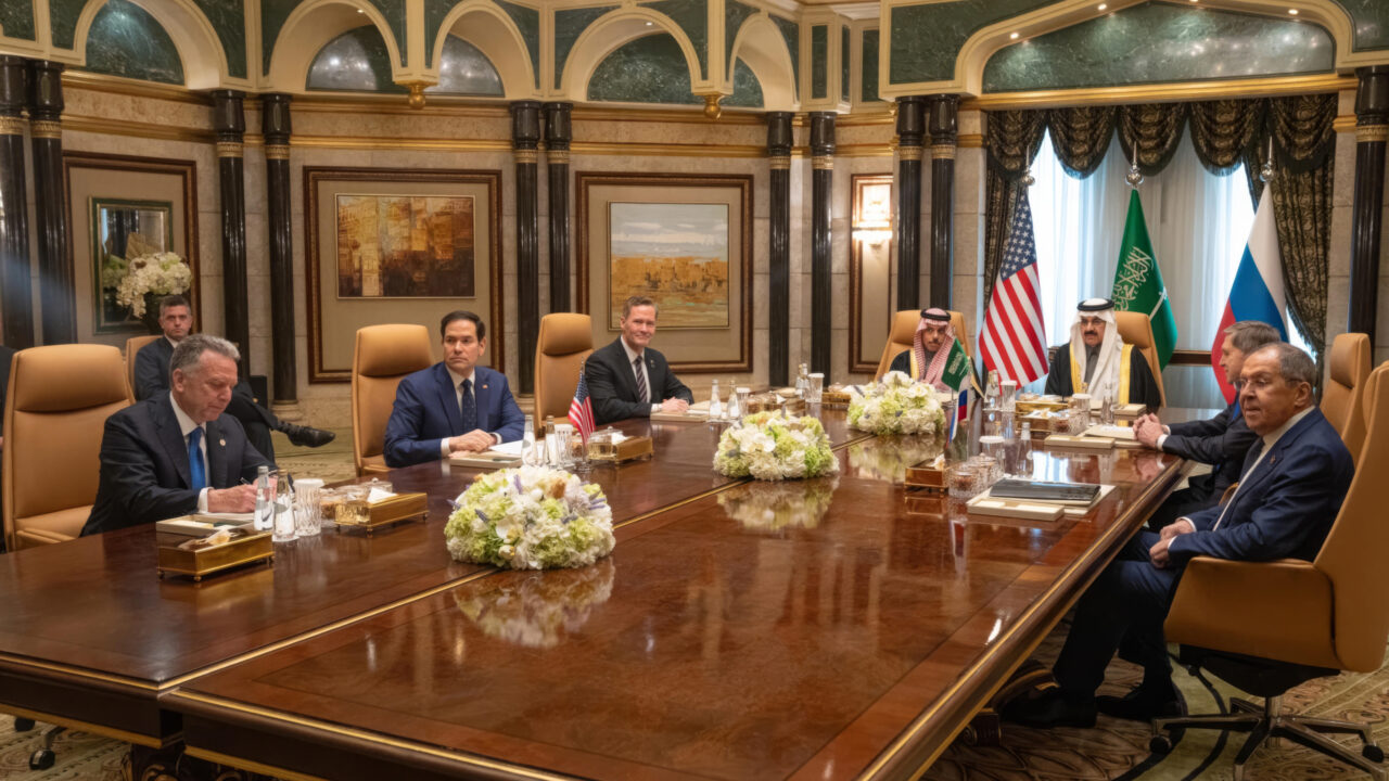 February 18, 2025, Riyadh, Riyadh Province, Saudi Arabia: U.S, Saudi and Russian delegates pose before the start of talks on the Russo-Ukraine War at the Diriyah Palace, February 18, 2025 in Riyadh, Saudi Arabia. Sitting from left: U.S. Middle East envoy Steve Witkoff, U.S Secretary Marco Rubio, National Security Advisor Mike Waltz, Saudi Foreign Minister Prince Faisal, Saudi National Security Advisor Mosaad bin Mohammad al-Aiban, Russian advisor Yuri Ushakov, and Russian Foreign Minister Sergei Lavrov. (Credit Image: Â© Freddie Everett/Us State/Planet Pix via ZUMA Press Wire
