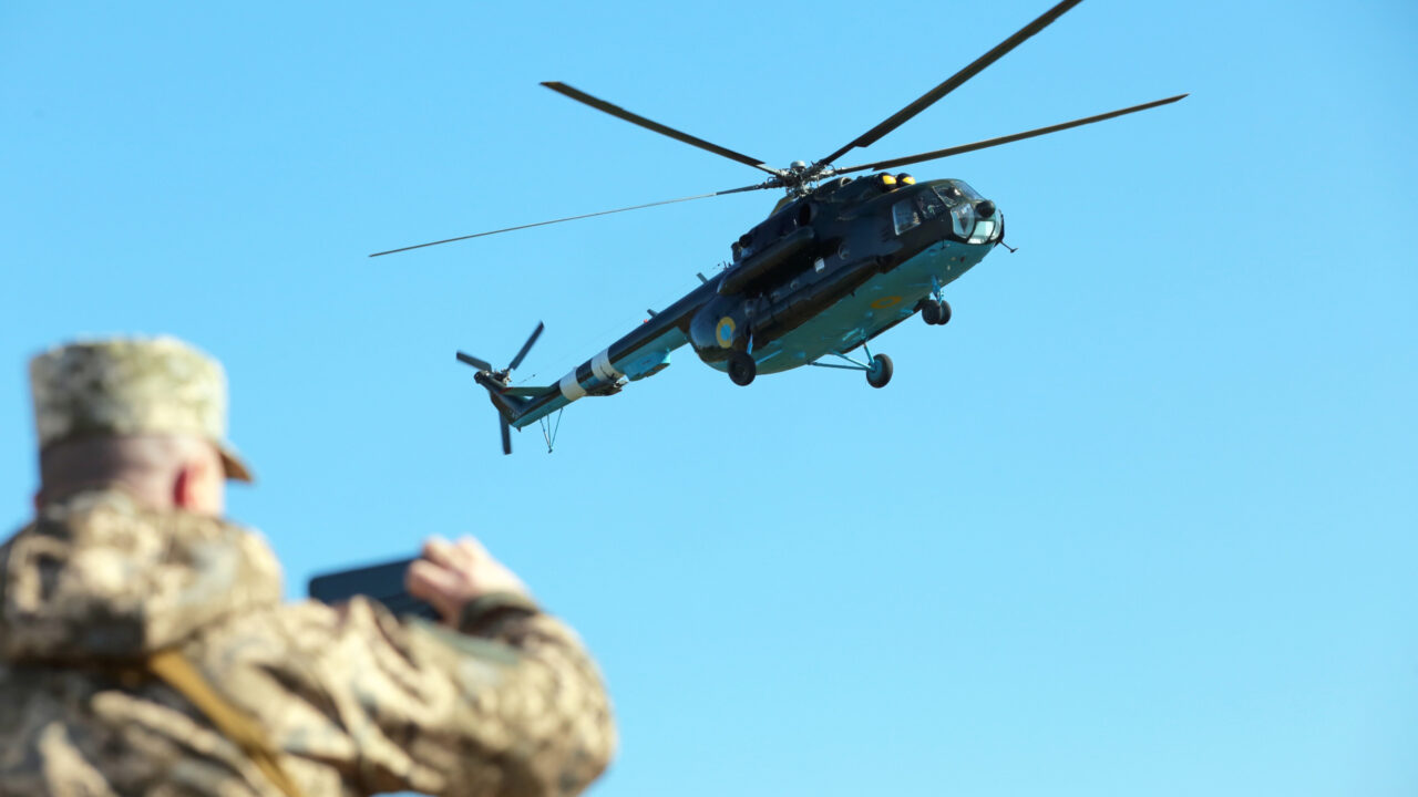 LVIV REGION, UKRAINE – SEPTEMBER 28, 2021 – A military helicopter is seen airborne during the Exercise Rapid Trident 2021 at the International Peacekeeping and Security Center (IPSC) near Yavoriv, Lviv Region, western Ukraine., Credit:Alona_Nikolaievych / Avalon