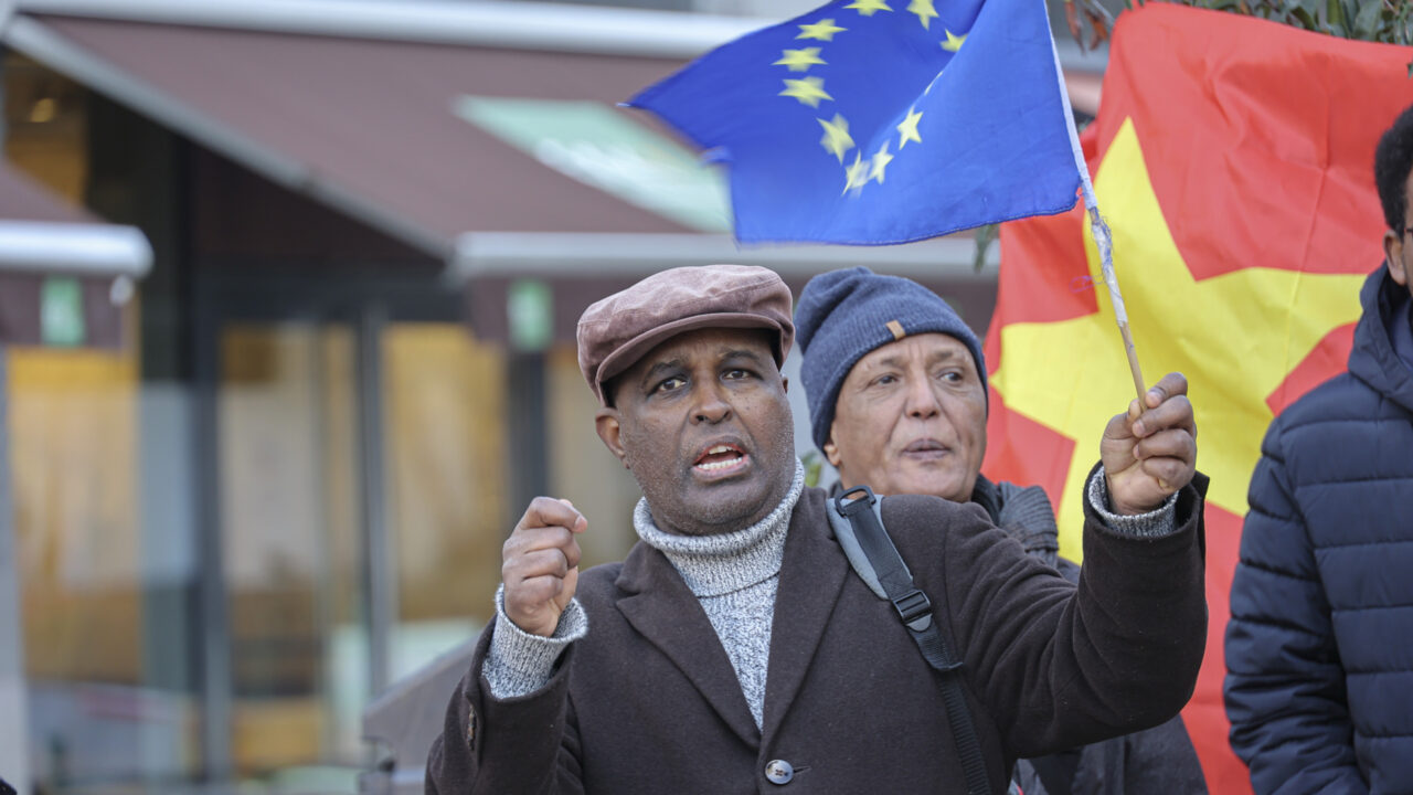 Tigrayan protesters and activists demonstrate in a rally against Ethiopia and Eritrea for the the ongoing war in Tigray region and the alleged committed genocide. Protesters shout out slogans, hold banners and flags outside of the EU headquarters during the European Council summit in the Schuman roundabout. Local communities, refugees from the area and diaspora stage the protest to bring awareness on the situation of the conflict, showing in banners that the area has no water, electricity, internet, communication, fuel and is hit heavily by drone strikes and the military. Brussels, Belgium on 15 December 2022 (Photo by Nicolas Economou/NurPhoto)