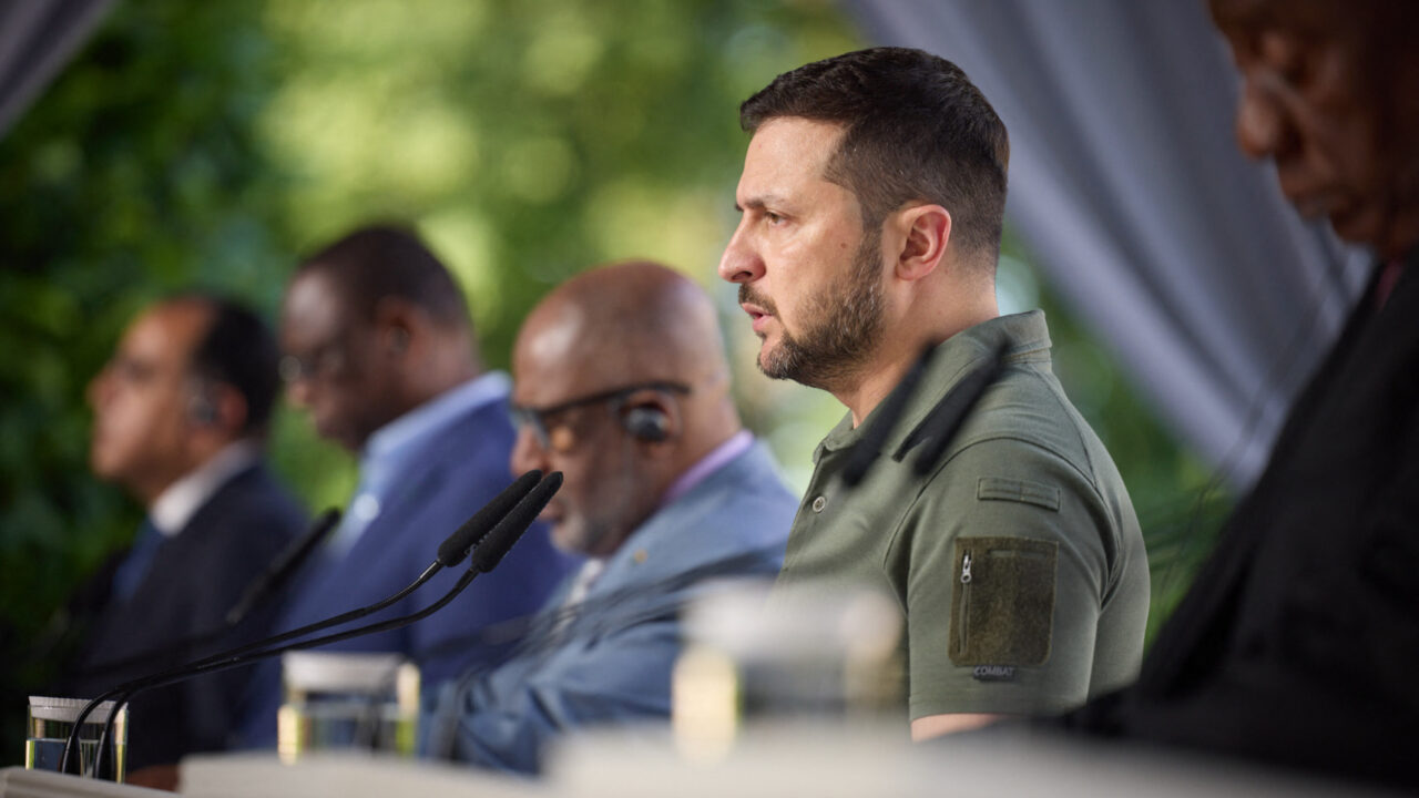 Handout photo shows President of Ukraine Volodymyr Zelensky during a joint press conference in Kyiv on Friday, June 16, 2023. Zelensky held talks with representatives of seven African states – the Republic of South Africa, the Union of the Comoros Islands, Egypt, Senegal, Zambia, Congo, and Uganda, in an attempt to achieve peace in Ukraine. Photo by Ukrainian Presidency via ABACAPRESS.COM