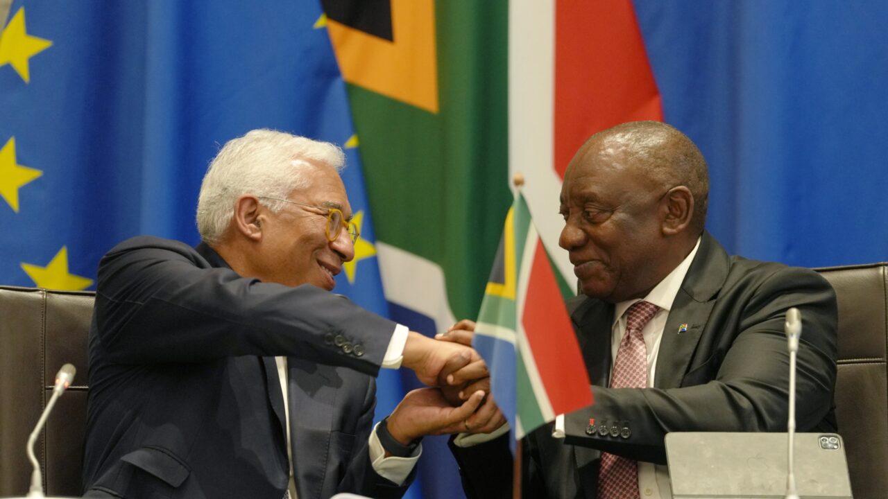 European Union Council President Antonio Costa, left, shakes hands with South Africa’s President Cyril Ramaphosa during the opening remarks at the eighth EU-South Africa summit in Cape Town, South Africa, Thursday, March 13, 2025. (AP Photo/Nardus Engelbrecht)