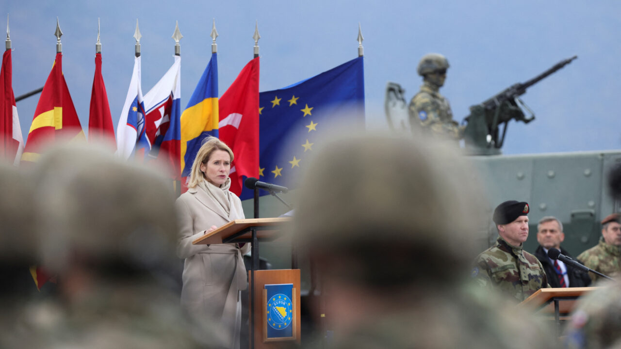 EU High Representative for Foreign Affairs and Security Policy and Vice-President of the European Commission Kaja Kallas addresses soldiers during a visit to the EUFOR Base ( European Union Forces in Bosnia and Herzegovina ) in Sarajevo, Bosnia and Herzegovina, April 8, 2025. REUTERS/Amel Emric