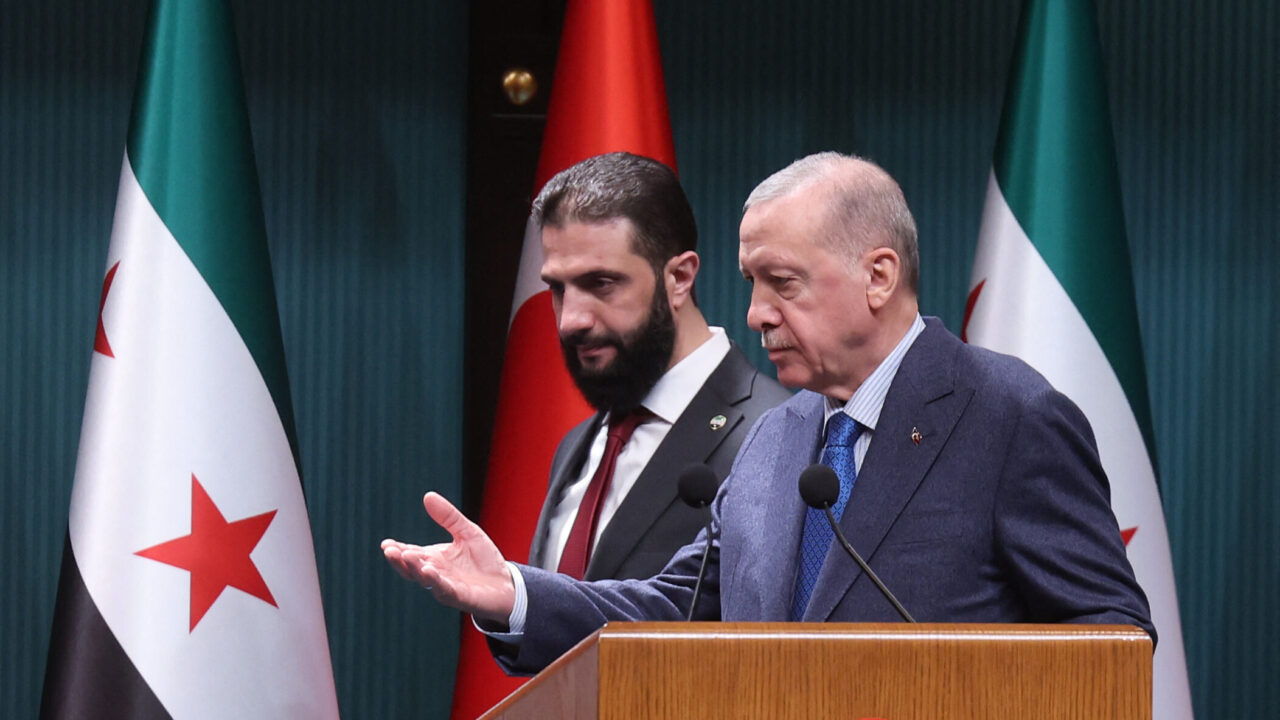 Turkish President Recep Tayyip Erdogan and Syria’s interim President Ahmed al-Sharaa (also known as Abu Mohammed al-Golani) hold a joint press conference following their meeting at the Presidential Palace in Ankara, Turkey, on February 4, 2025