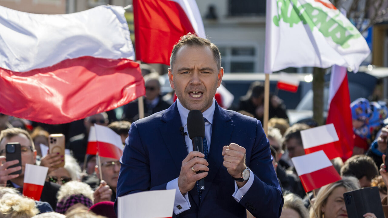 Karol Nawrocki presidential candidate supported by the Law and Justice Party during the presidential campaign in Plonsk . The elections in Poland will be held in May 2025, in Plonsk Poland, on March 23, 2025. (Photo by Andrzej Iwanczuk/NurPhoto)