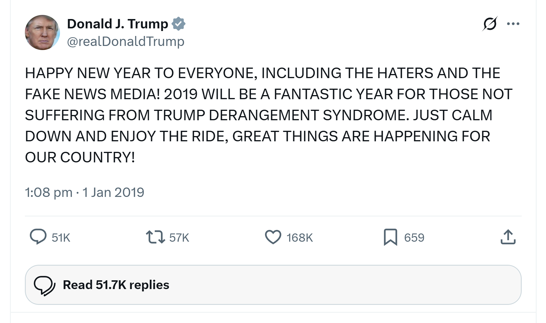 A Donald J. Trump post on X:
https://x.com/realDonaldTrump/status/1080088373451206656