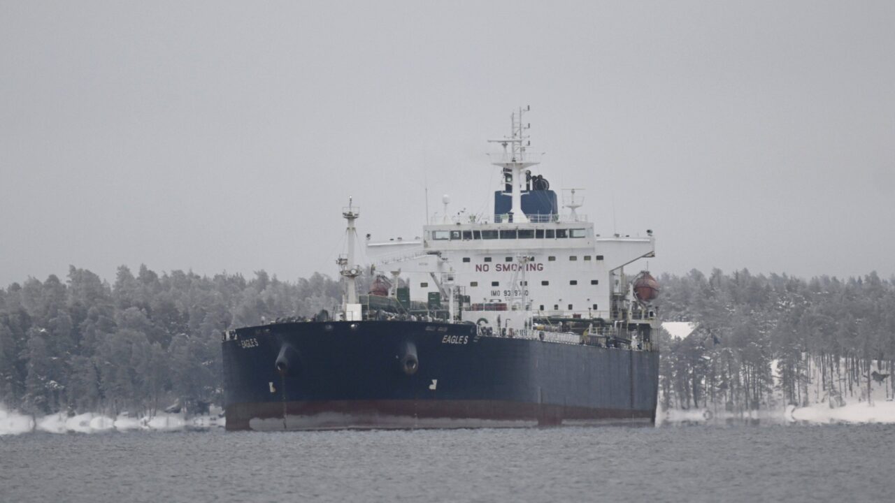 Oil Tanker bearing the name ‘Eagle S’ anchored in a wintery port on the Gulf of Finland